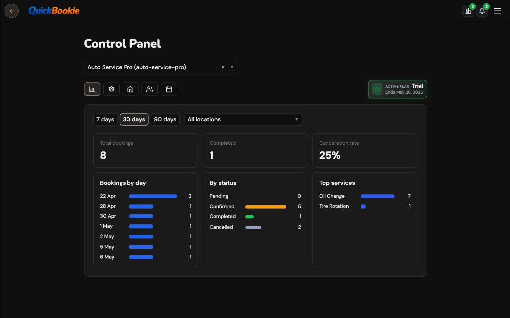 QuickBookie booking and locations dashboard on MacBook